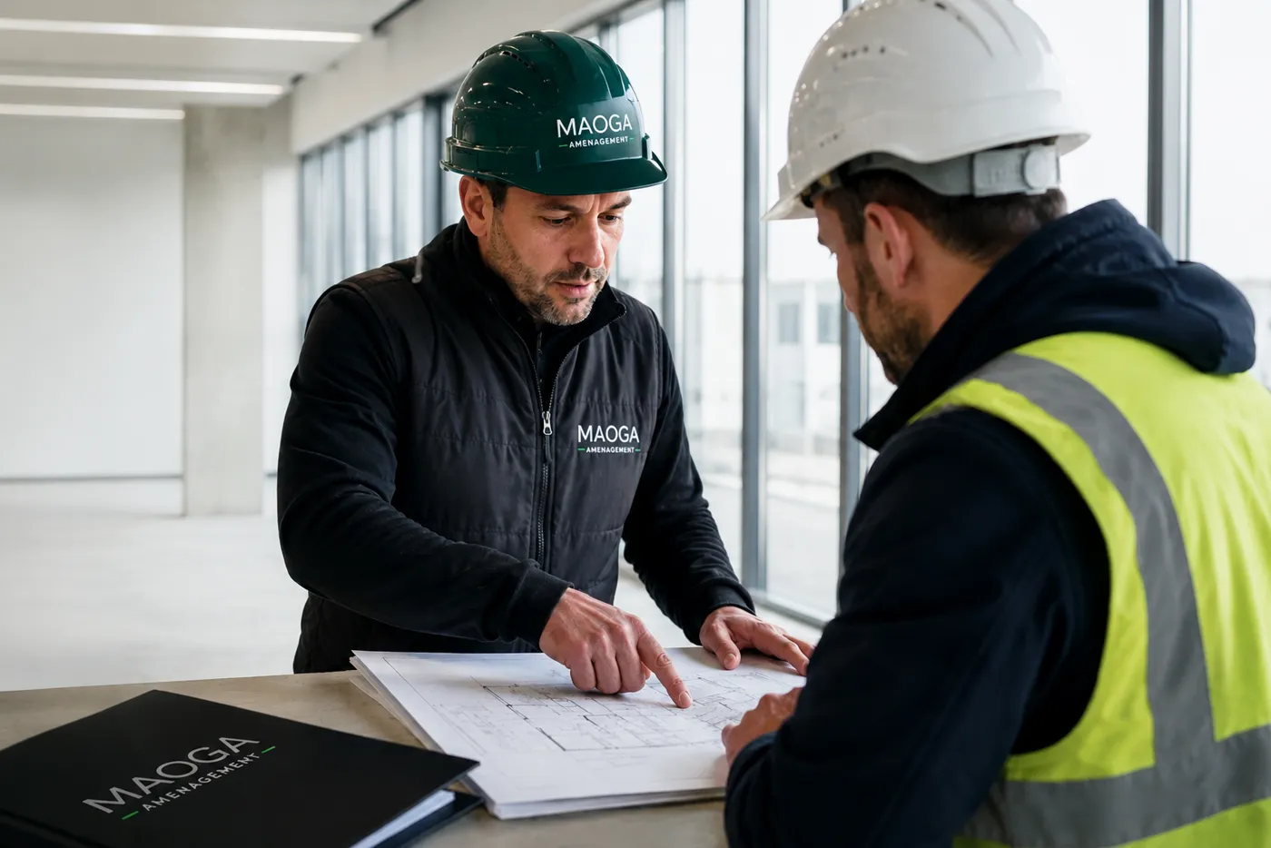 Jonathan LE PLAPOUS, dirigeant de MAOGA AMENAGEMENT, lors d'une visite de chantier avec un collaborateur